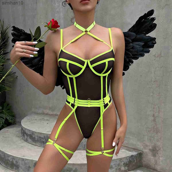 new 2023 bodysuit hollow out bandage grid erotic sissy woman thong one piece body lingerie open crotch and breasts l230518, Red;black